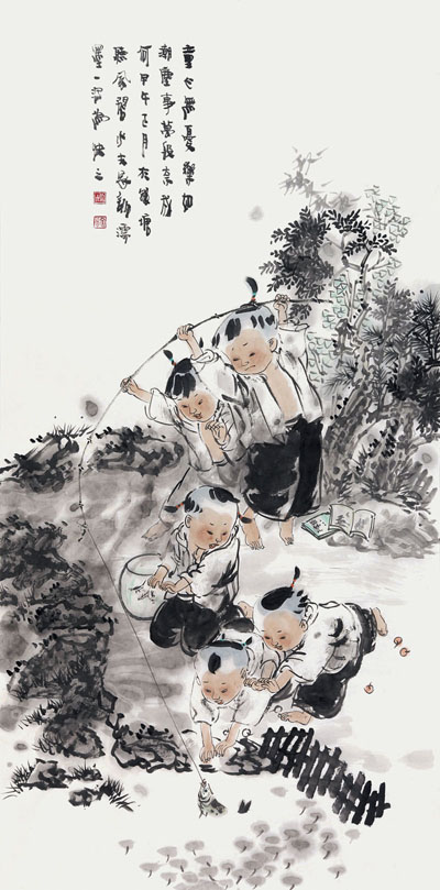 童心无忧乐如潮　尘事万般奈我何　138cm×69cm 纸本　2014年.jpg
