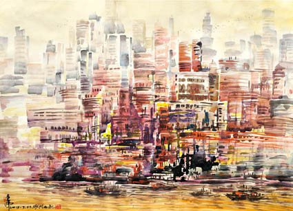 《现代都市》 水彩画 120cm×90cm