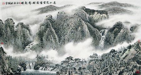 远山笼宿雾高树影朝晖
