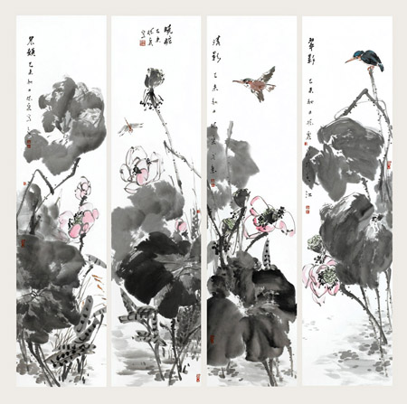 荷花四条屏140x138cmfu