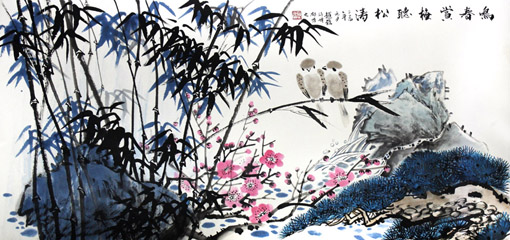 鸣春赏梅听松涛137cmx68cm