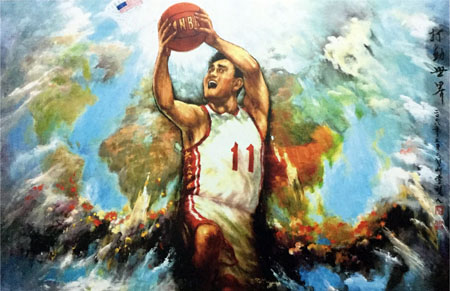 《打动世界 我能！》墨油彩画 213cm×139cm