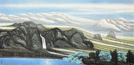 《青霞江峰》 江峰雪淡云飞远， 蔚霭依希水带蓝。 山光浅翠凝碧绿，飞瀑惊啸湖中天。耿庆力绘图 陈钦成配诗