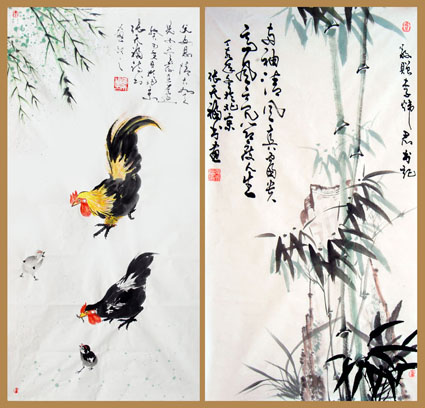 张天福作品《左图:父母恩情大如天 儿女尽孝在身边 右图:两袖清风真富贵 高风亮节度人生》 张天福作品《左图:父母恩情大如天 儿女尽孝在身边 右图:两袖清风真富贵 高风亮节度人生》