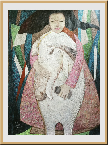 世界独创拼贴油画《少女与马》78×108cm 2016年此画用擦油画笔废弃的颜料纸待凉干后拼贴成画，近看乱糟糟，远看酷似油画，别有油画风味。