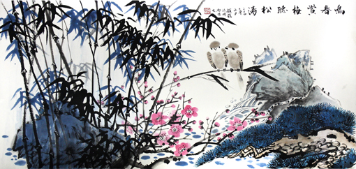 《鸣春赏梅听松涛》137x68cm